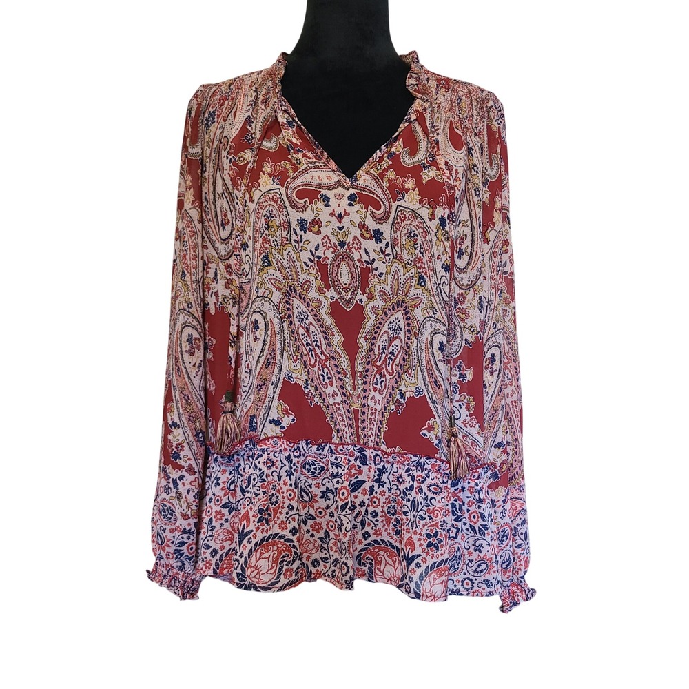 Knox Rose Blouse Womens Medium Red Paisley Boho Tassel Tie Good V-Neck Top